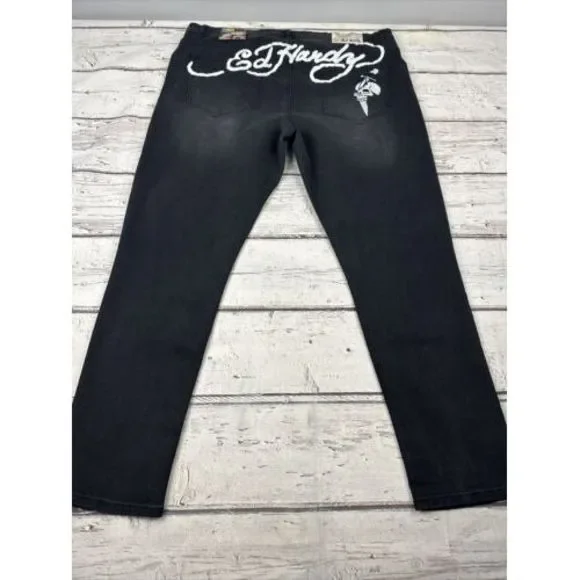 ED HARDY‎ EMBROIDERED SKULL SKINNY JEANS Men's Size 40 Black Wash NEW WITH TAGS
